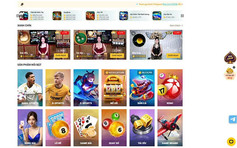 Giao diện cá cược thể thao, casino trực tuyến và slot game đa dạng tại FIVE88Các sản phẩm cá cược nổi bật của FIVE88 từ thể thao đến casino