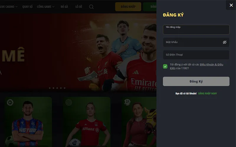 Giao diện đăng ký tài khoản 11BET trên máy tính cực kỳ đơn giảnForm đăng ký 11BET trên máy tính