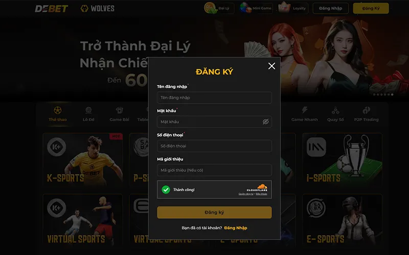 Giao diện đăng ký nhà cái DEBET đơn giảnGiao diện đăng ký DEBET dễ dàng
