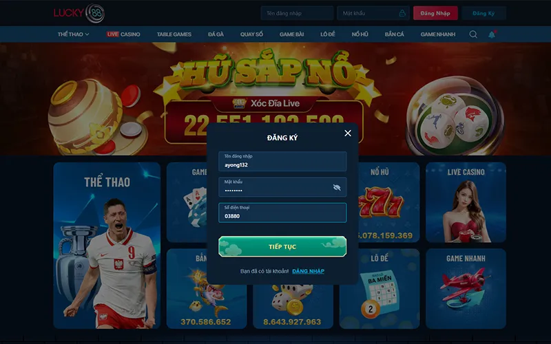 Giao diện form đăng ký tài khoản LUCKY88 đơn giảnForm đăng ký LUCKY88