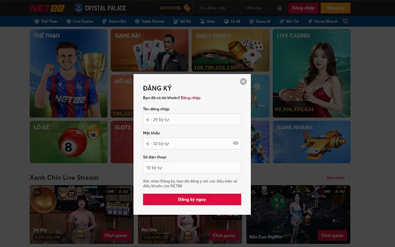 Biểu mẫu đăng ký tài khoản NET88