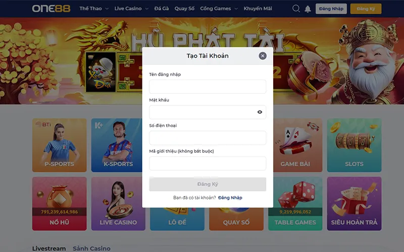 Giao diện điền thông tin khi đăng ký tài khoản ONE88Form đăng ký ONE88