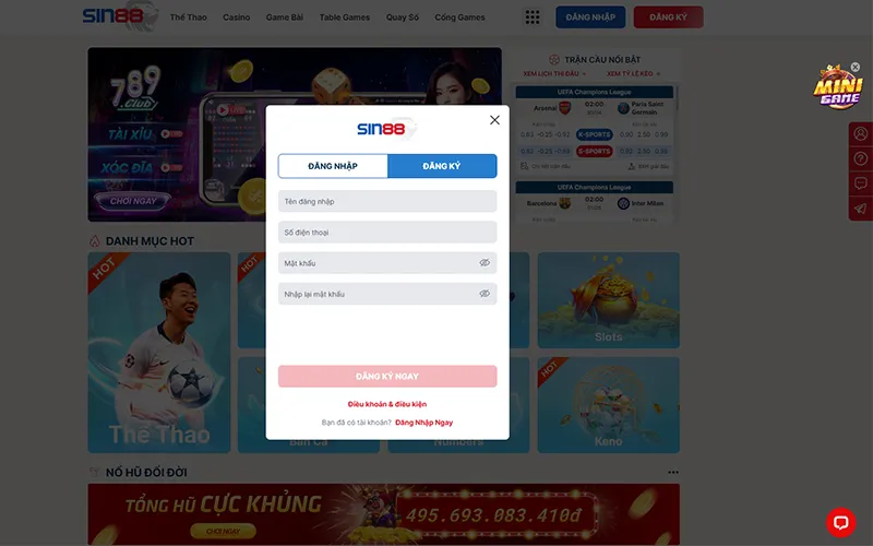 Giao diện đăng ký tài khoản SIN88 hỗ trợ đa nền tảngGiao diện đăng ký SIN88 trên máy tính
