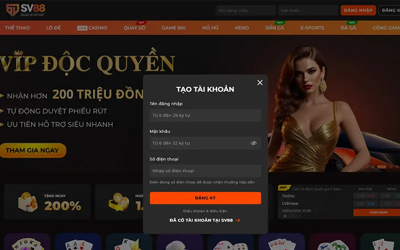Giao diện đăng ký tài khoản SV88 dễ sử dụngGiao diện đăng ký SV88 trực quan