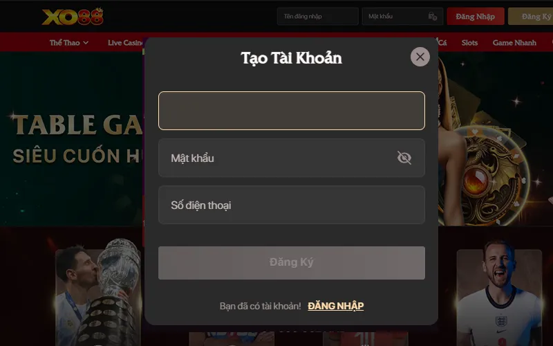 Form đăng ký tài khoản nhà cái XO88Alt ảnh: Giao diện đăng ký XO88 được đơn giản hóa