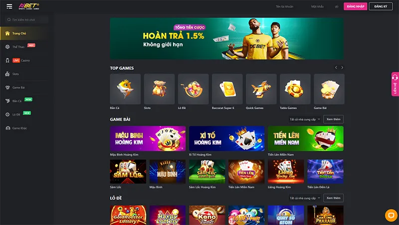 Giao diện thư viện game đa dạng tại NBETDanh mục game cá cược NBET