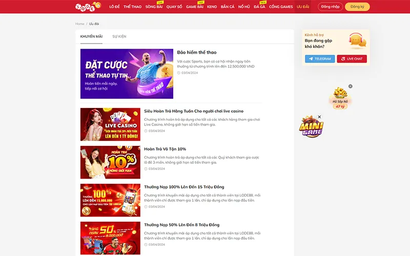 Cập nhật khuyến mãi LODE88: Thưởng 100% và hoàn trả cao
