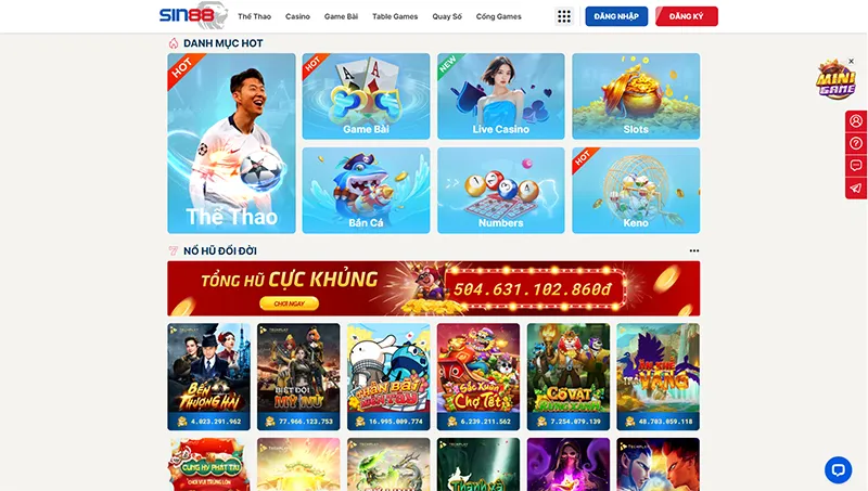Thư viện trò chơi tại SIN88 gồm thể thao, casino và slot game