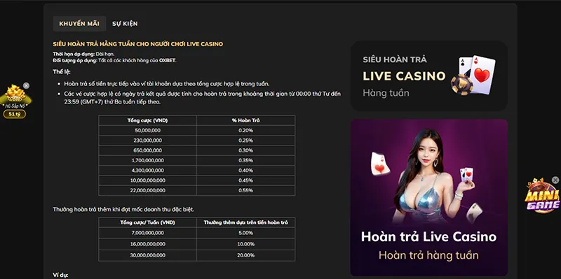 Khuyến mãi Live Casino OXBET hoàn trả cao